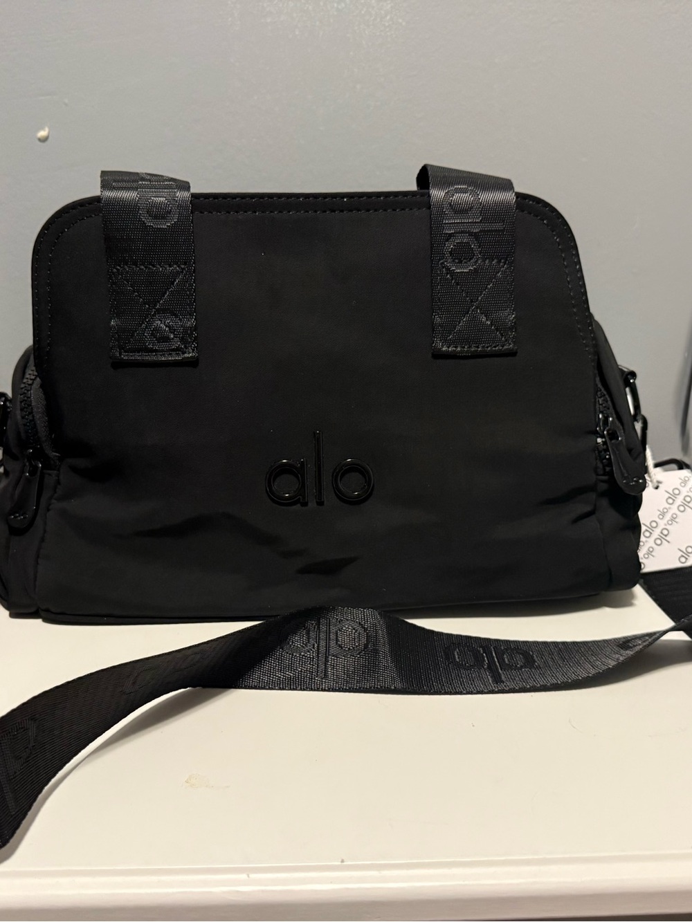 ALO Yoga Black Satin Logo Crossbody Bag
